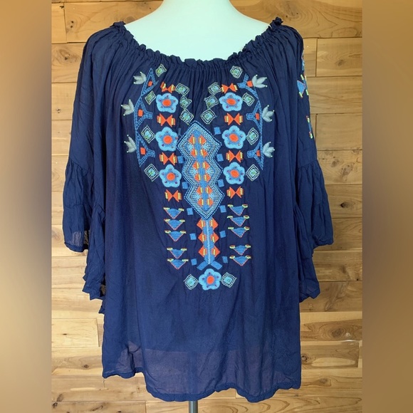 Urban Mangoz Embroidered Navy Beaded Boho Ruffled Blouse Size M - Picture 1 of 5